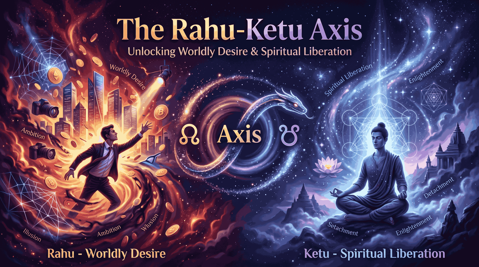 The lunar nodes Rahu and Ketu cosmic axis illustration